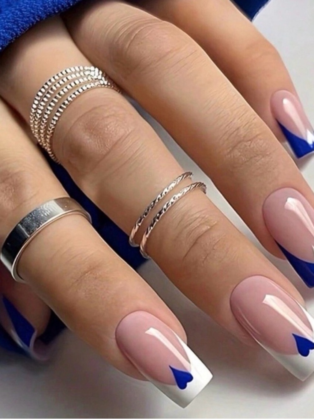 Long Blue French Tip Press On Nails Heart Design Coffin Acrylic Reusable Set